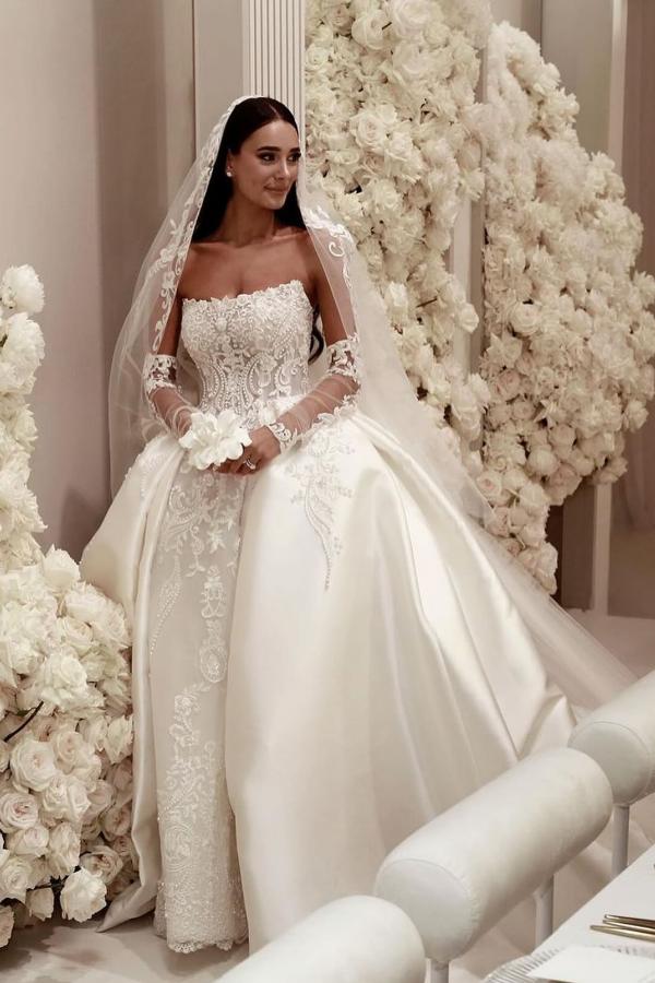 Gorgeous Long Off the Shoulder Lace Satin Wedding Dresses with Sleeves