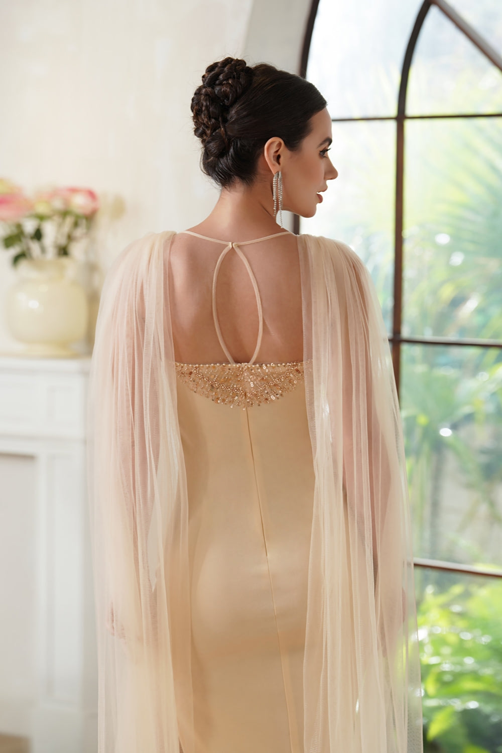 Champagne Long Mermaid Scoop Neck Tulle Formal Prom Dress with Cape