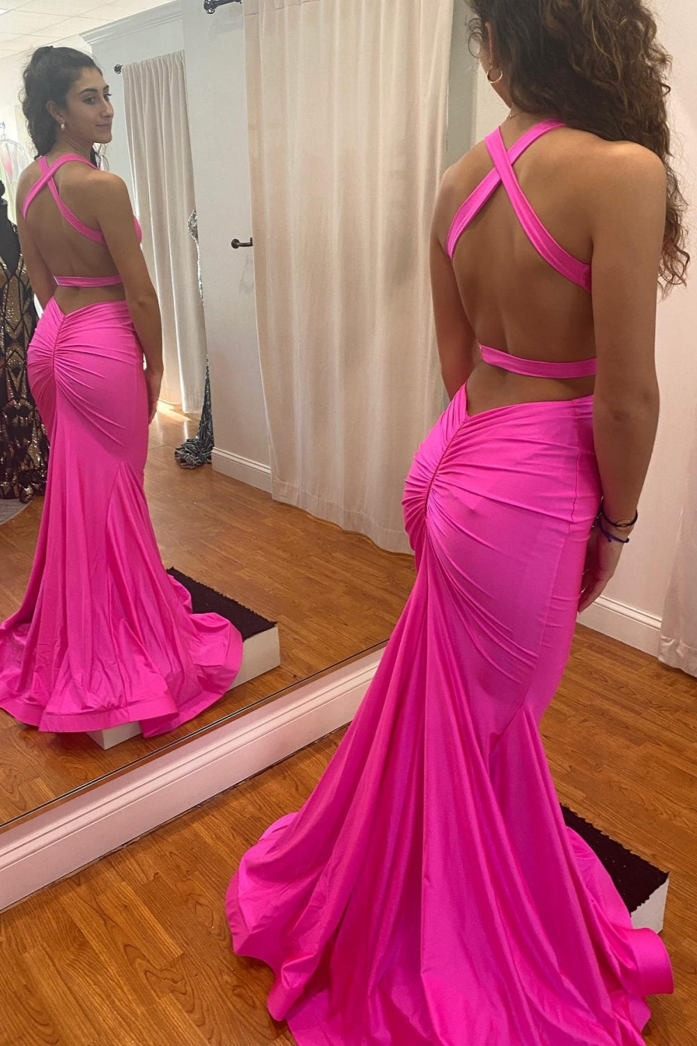 Modest Long Mermaid Halter V-neck Satin Open Back Prom Dress
