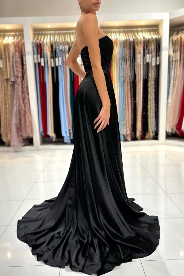 Simple Black Long A-line Sweetheart Satin Prom Dress with Slit