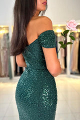 Dark Green Short Mermaid Off The Shoulder Sequined Homecoming Dress