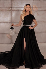 Elegant Long A-line One Shoulder Tulle Formal Prom Dresses with Slit