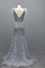 Elegant Long Mermaid Sweetheart Tulle Beading Backless Formal Evening Dresses