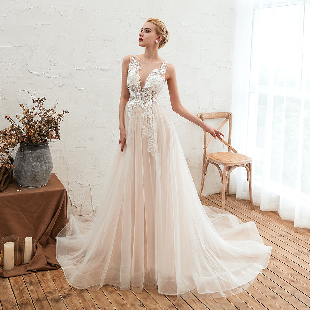 Long A-line Bateau Tulle Open Back Wedding Dress With Floral Lace