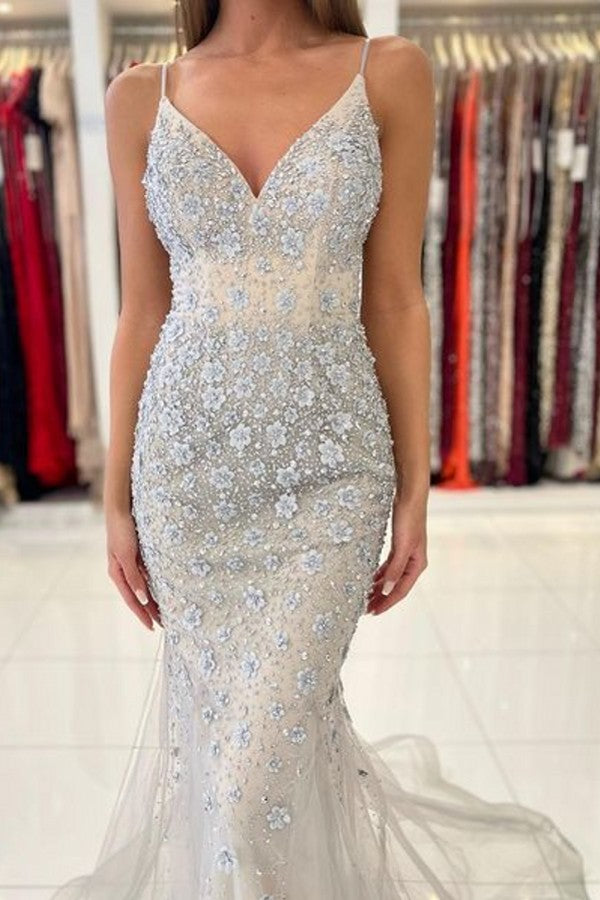 Unique Long Mermaid V-neck Lace Appliques Tulle Backless Prom Dress