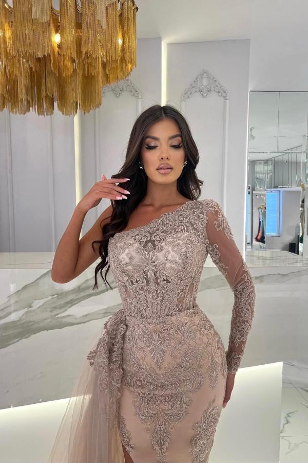Long Memaid One Shoulder Satin Lace Formal Prom Dresses with Sleeves