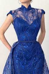 Long Mermaid High Neck Satin Tulle Lace Formal Evening Dresses