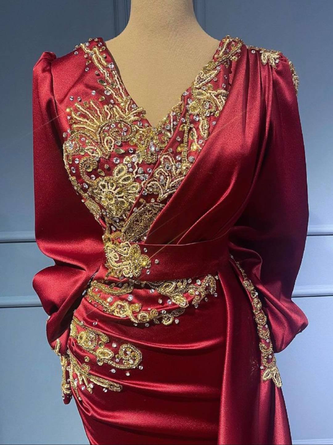 Long Mermaid V-neck Satin Beads Floor length Formal Evening Dress with Sleeves