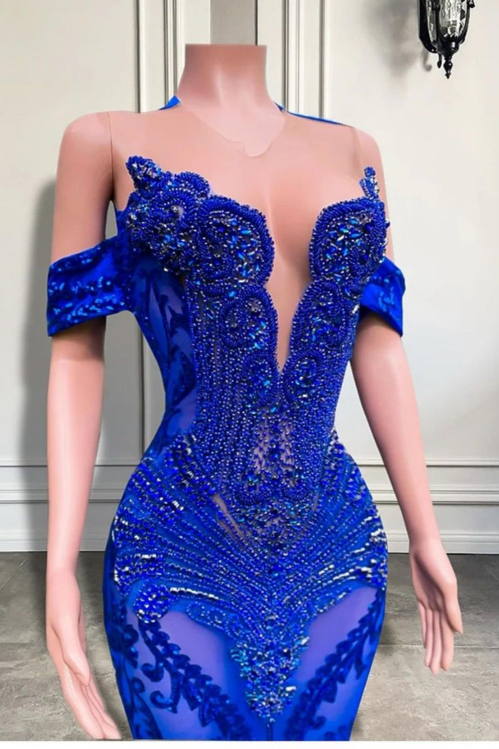 Elegant Long Mermaid Off the Shoulder Lace Royal Blue Prom Dresses
