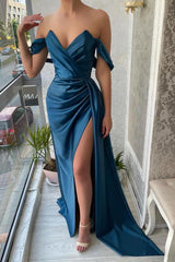 Simple Long Mermaid Off the Shoulder Satin Prom Dress with Slit