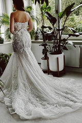 Plus Size Strapless Tulle Long Mermaid Wedding Dress with Appliques Lace