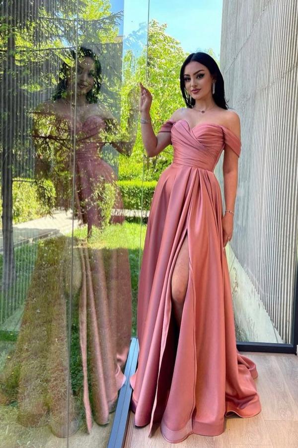 Gorgeous Long A-line Off the Shoulder Satin Prom Dress with Slit