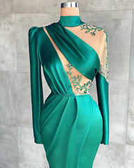 Simple High Neck Long Sleeve Appliques Lace Mermaid Prom Dress With Split