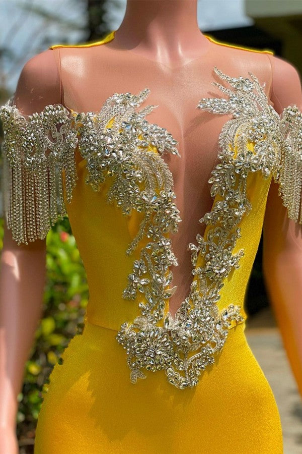 Yellow Long Mermaid Tassel Off the Shoulder Satin Backless Prom Dress with Ruffles