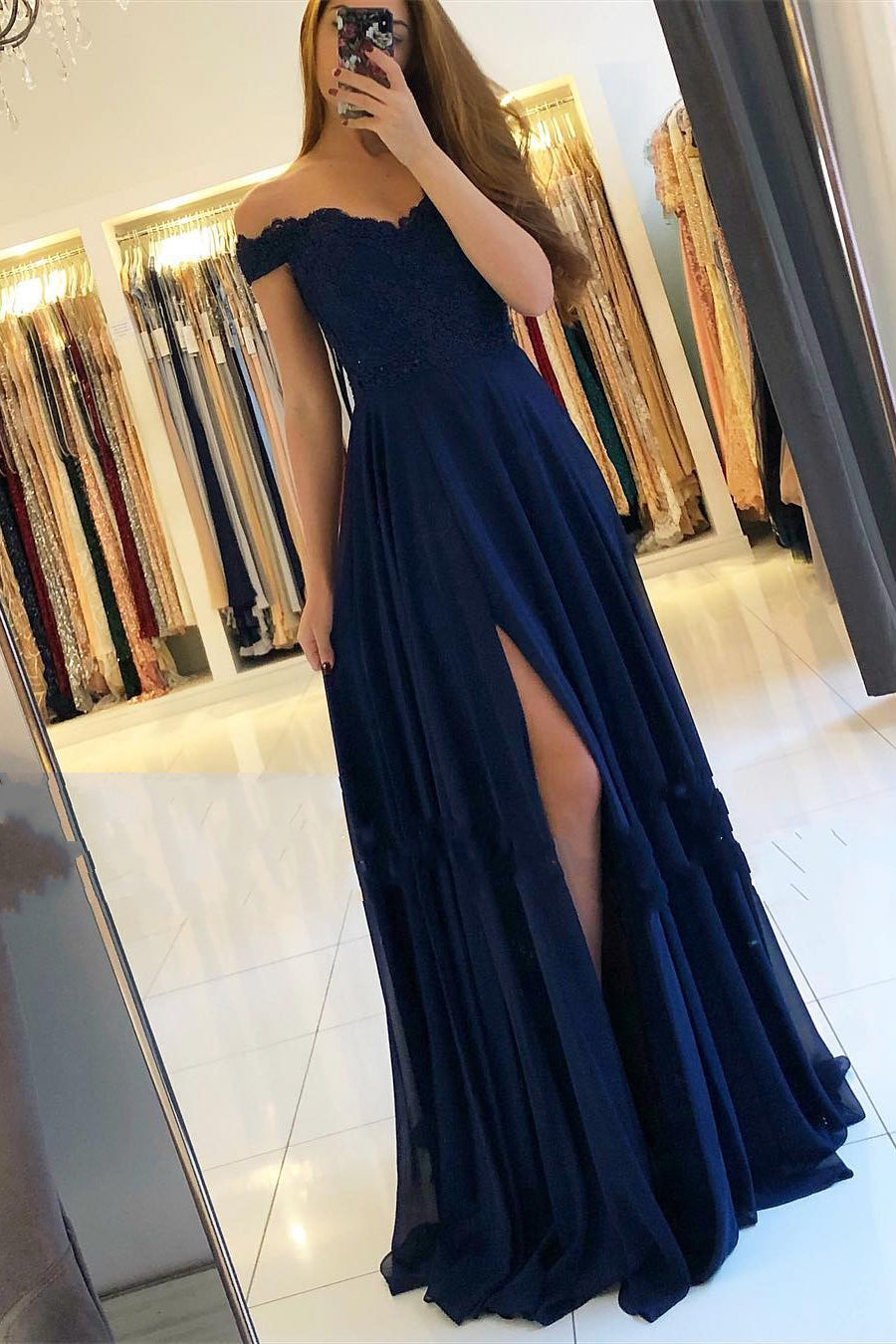 Long A-Line Off the Shoulder Chiffon Beading Ruffles Prom Dress With Side Slit
