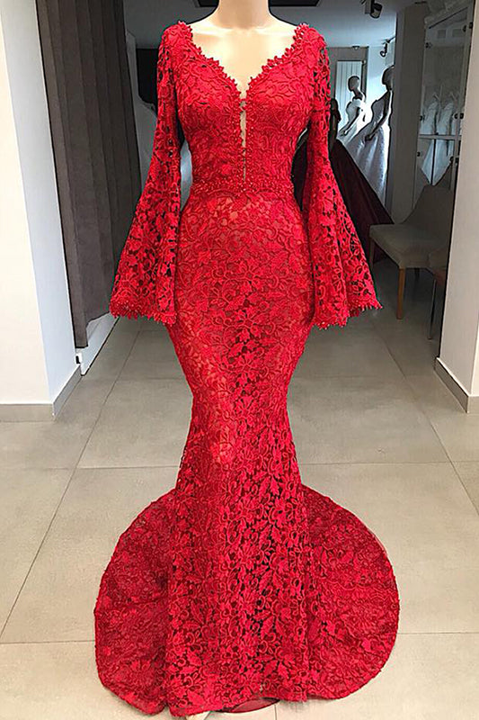 Red V-neck Long Sleeves Lace Floor Length Mermaid Prom Dress