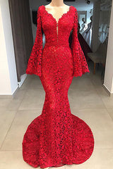 Red V-neck Long Sleeves Lace Floor Length Mermaid Prom Dress