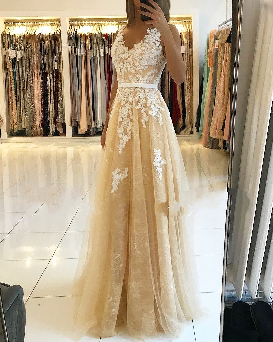 Long V-neck Open Back Lace Floor Length A-Line Ruffles Prom Dress