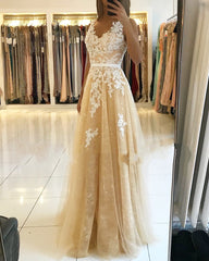 Long V-neck Open Back Lace Floor Length A-Line Ruffles Prom Dress