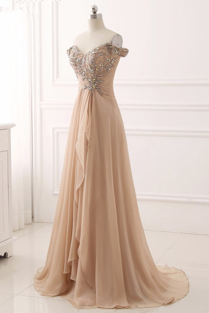 Long A-Line Off the Shoulder Beading Ruffles Chiffon Prom Dress