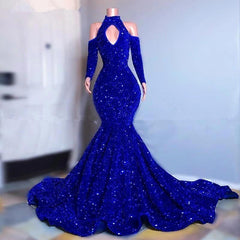 Elegant Sparkly Long Mermaid Halter Sequined Prom Dress with Sleeves