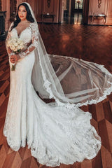 Elegant Long sleeves V-neck Lace A-line Satin Long Wedding Dress with Train