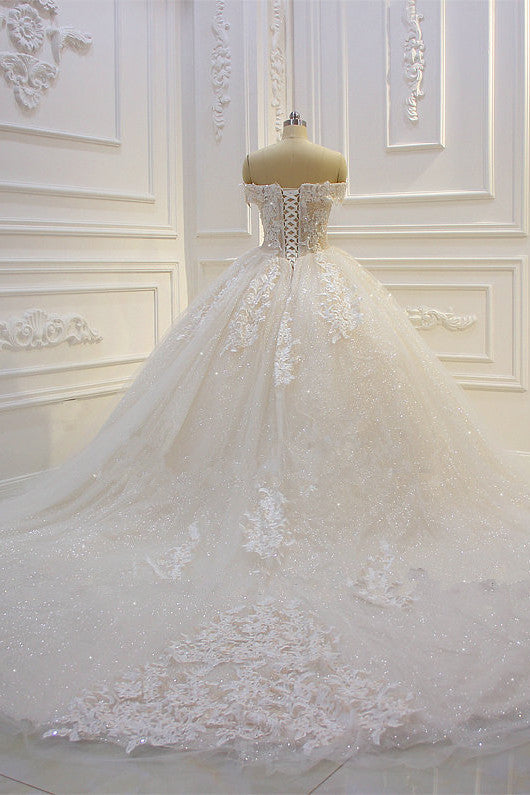 Long Off the Shoulder Sweetheart Ball Gown Appliques Lace Wedding Dress