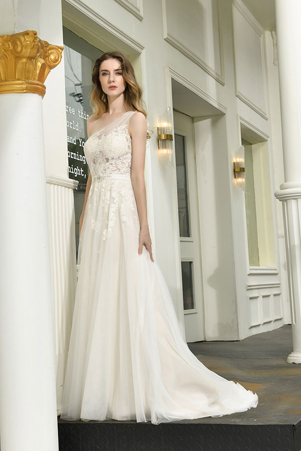 Chic Long One Shoulder Tulle Lace A-Line Wedding Dress