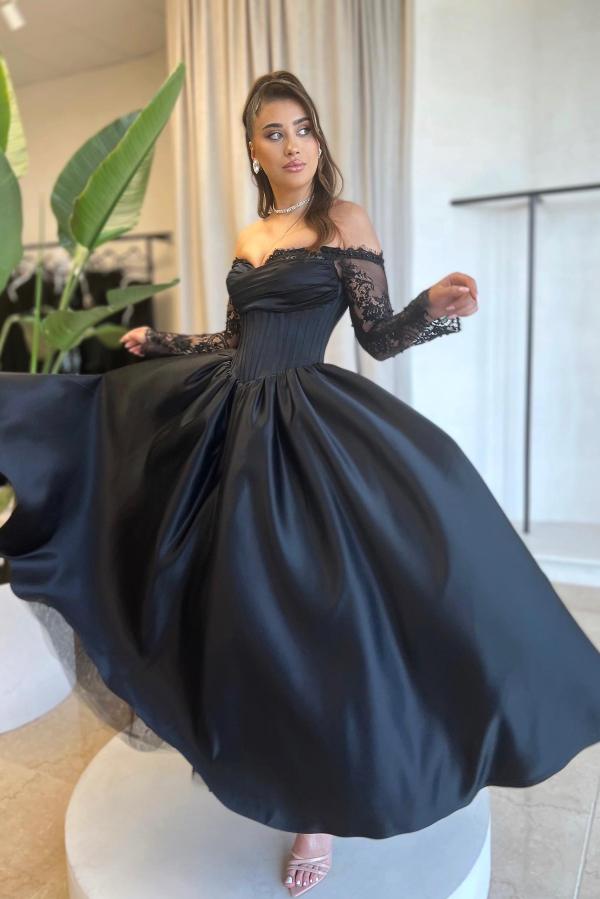 Black Long A-line Off the Shoulder Satin Prom Dresses with Lace Sleeves