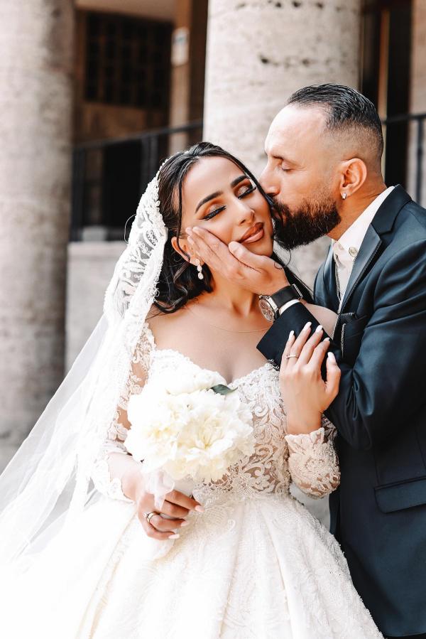 Ball Gown Off the Shoulder Sweetheart Satin Lace Long Wedding Dress with Sleeves