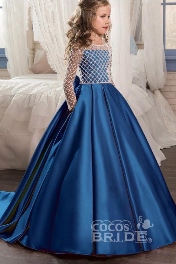 Scoop Neck Long Sleeves Ball Gown Flower Girl Dress with Pockets