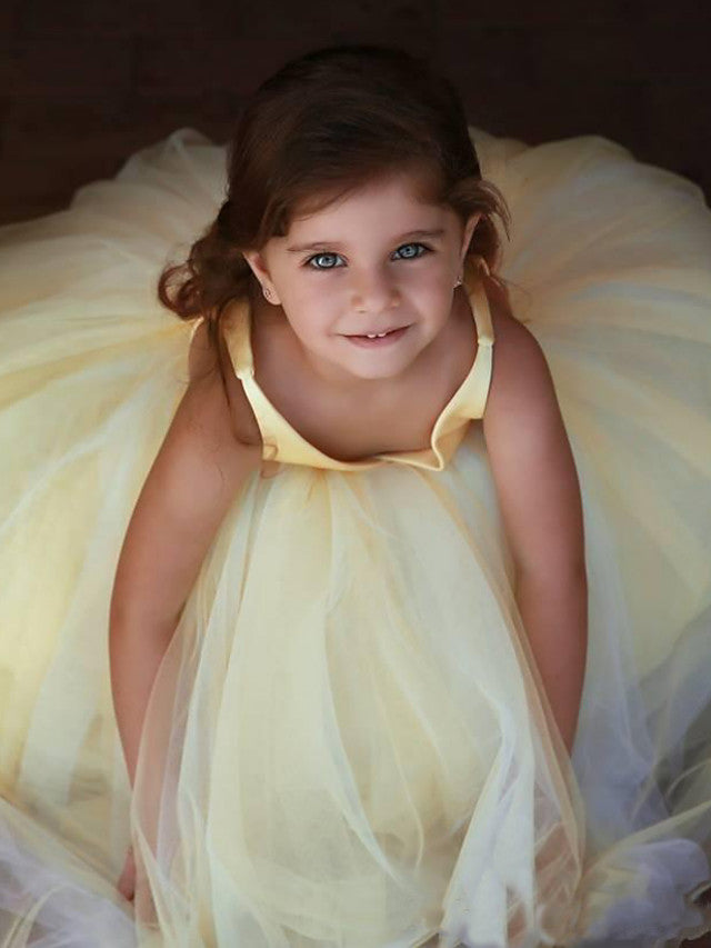 Long Ball Gown V-neck Satin Tulle Sleeveless Floor Length Party Flower Girl Dresses