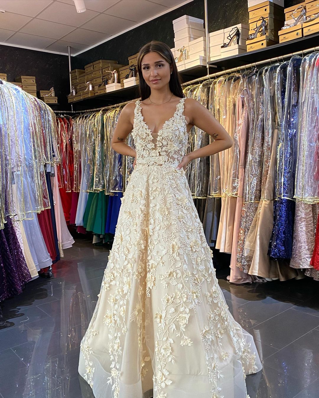 Long A-line V-neck Appliques Lace Ruffles Backless Prom Dress