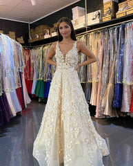 Long A-line V-neck Appliques Lace Ruffles Backless Prom Dress