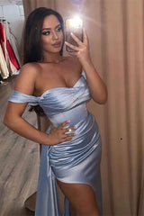 Sky Blue Off The Shoulder Mermaid Split Side Satin Long Prom Dress