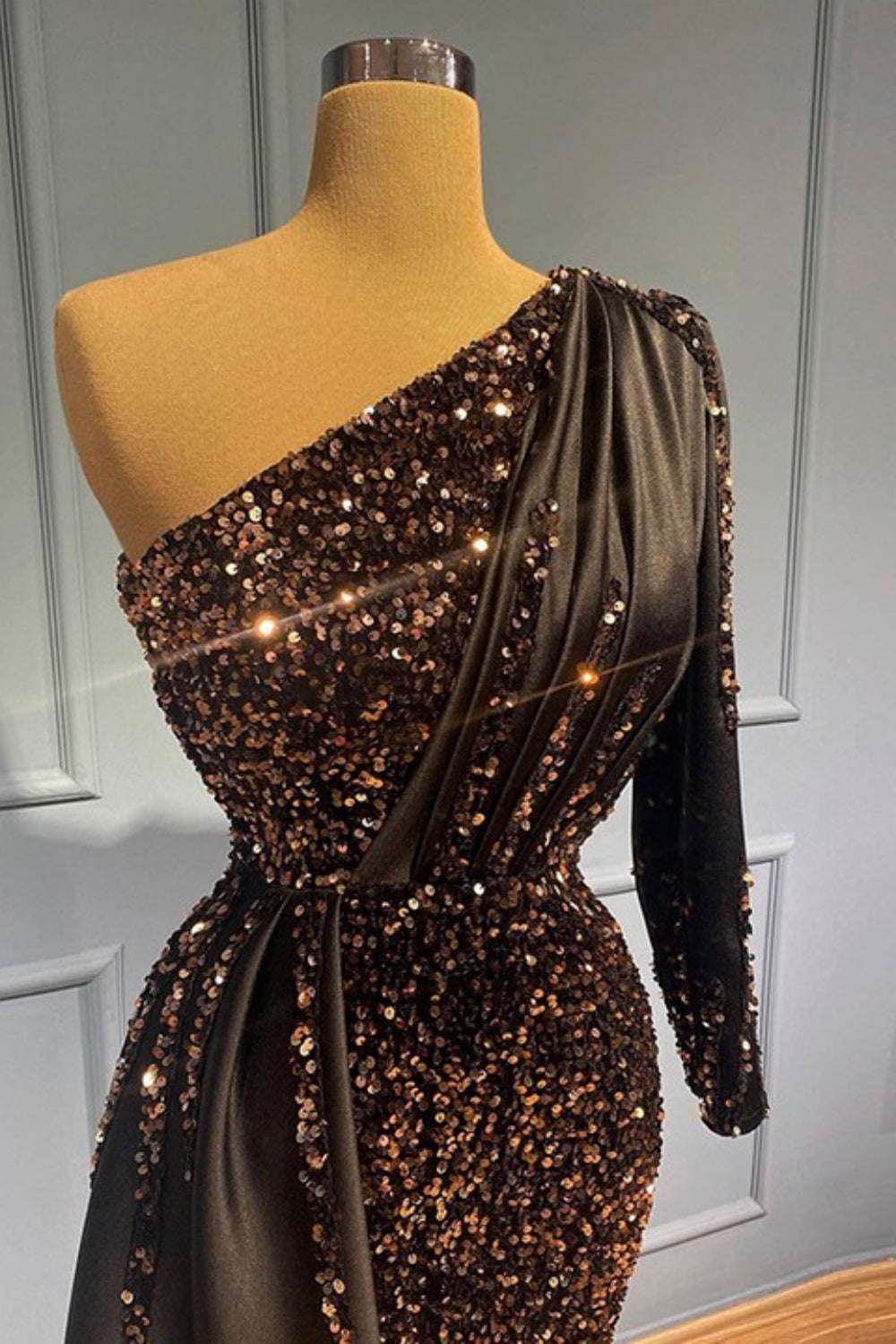Black Long Mermaid One Shoulder Beads Sequins Evening Prom Dresses with Sleeves