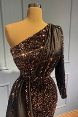 Black Long Mermaid One Shoulder Beads Sequins Evening Prom Dresses with Sleeves