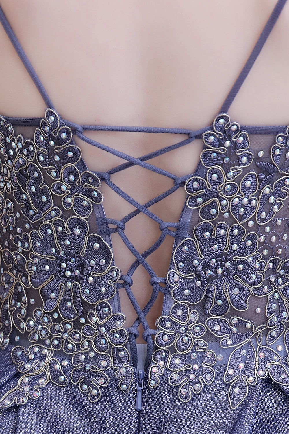 Elegant Long A-line V-neck Spaghetti Straps Appliques Beads Formal Evening Dress
