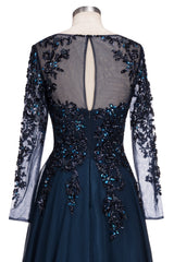 Long A-line Floor Length Tulle Lace Formal Evening Dresses with Sleeves