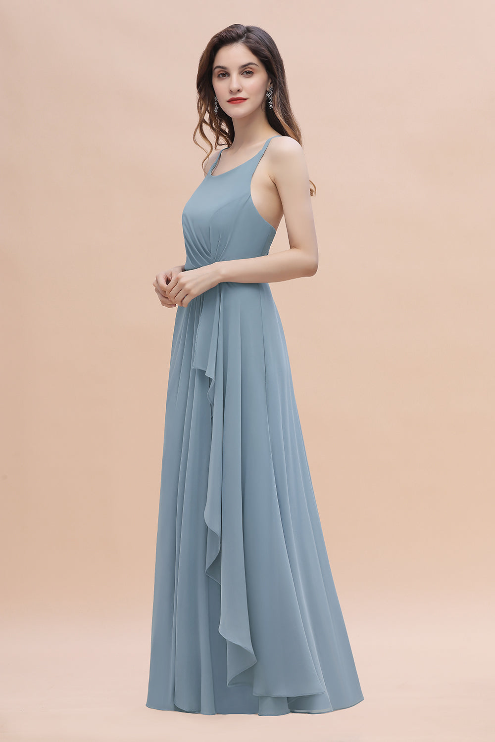 A-Line Ruched Bridesmaid Dress V-Neck Lace Chiffon Floor Length Evening Dress