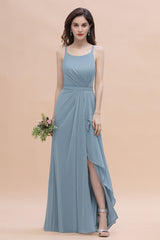 Spaghetti Straps Chiffon Bridesmaid Dress A-Line Evening Dress With Side Slit