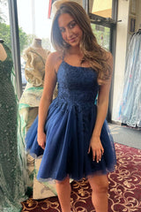 A-Line Straps Dark Navy Appliques Lace Tulle Short Homecoming Dress