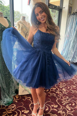 A-Line Straps Dark Navy Appliques Lace Tulle Short Homecoming Dress