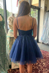 A-Line Straps Dark Navy Appliques Lace Tulle Short Homecoming Dress
