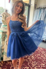 A-Line Straps Dark Navy Appliques Lace Tulle Short Homecoming Dress
