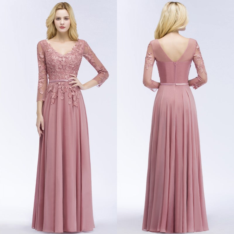 A-line Chiffon Appliques V-Neck Long-Sleeves Floor Length Bridesmaid Dresses