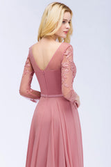 A-line Chiffon Appliques V-Neck Long-Sleeves Floor Length Bridesmaid Dresses