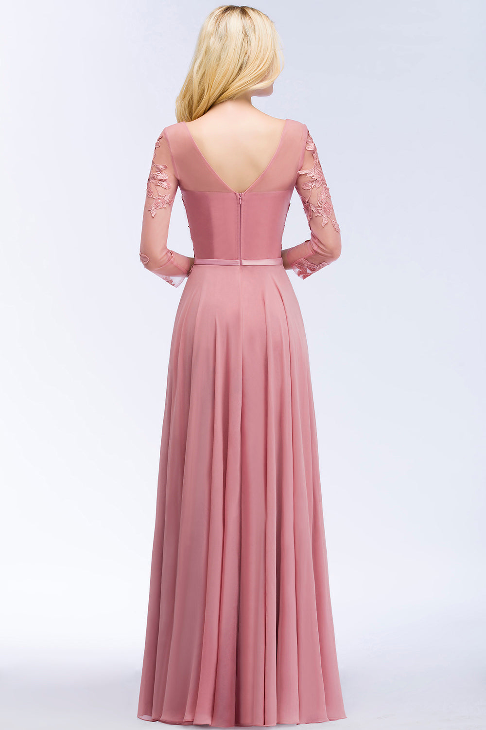 A-line Chiffon Appliques V-Neck Long-Sleeves Floor Length Bridesmaid Dresses