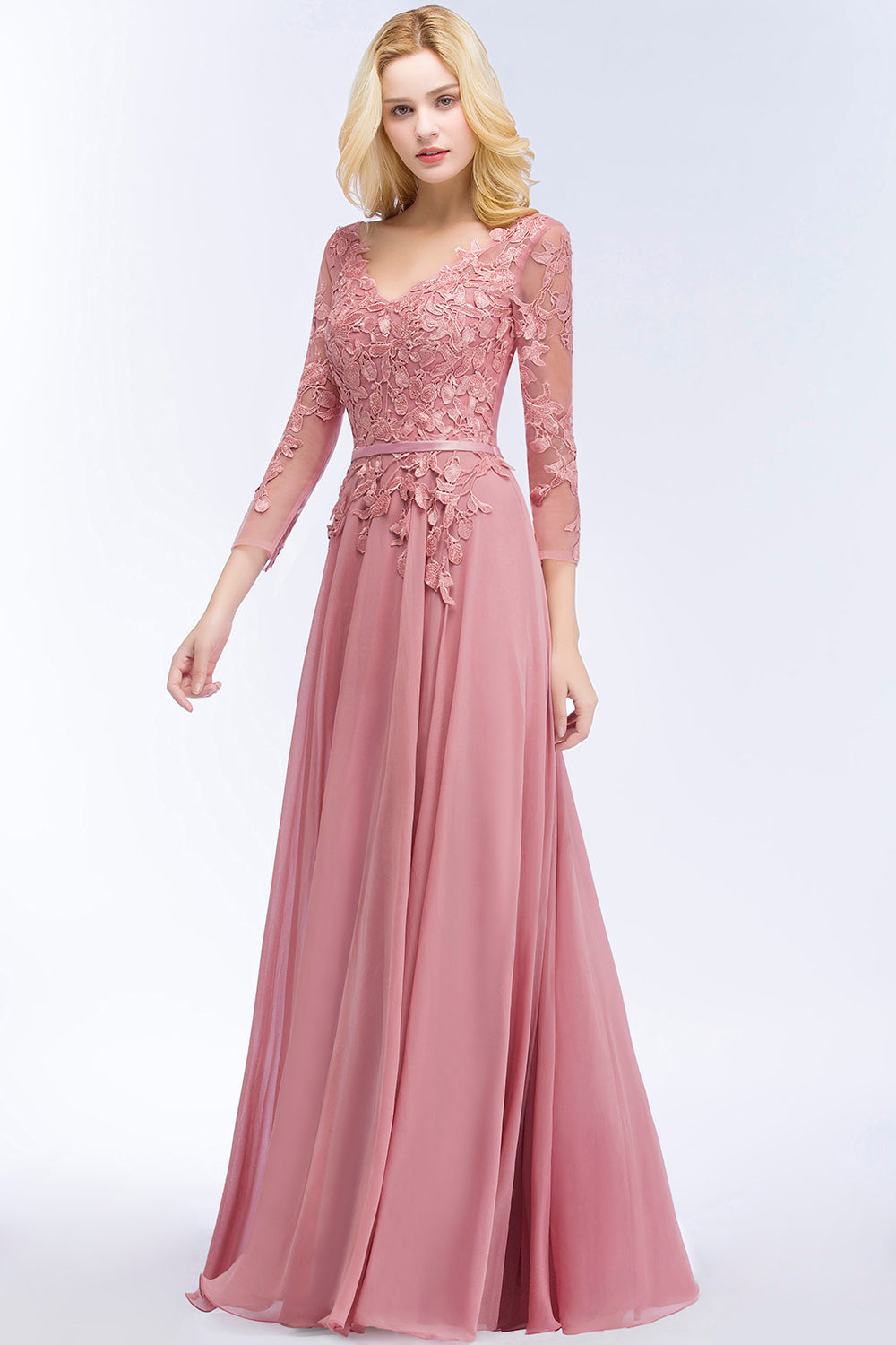 A-line Chiffon Appliques V-Neck Long-Sleeves Floor Length Bridesmaid Dresses