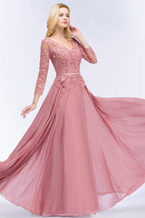 A-line Chiffon Appliques V-Neck Long-Sleeves Floor Length Bridesmaid Dresses